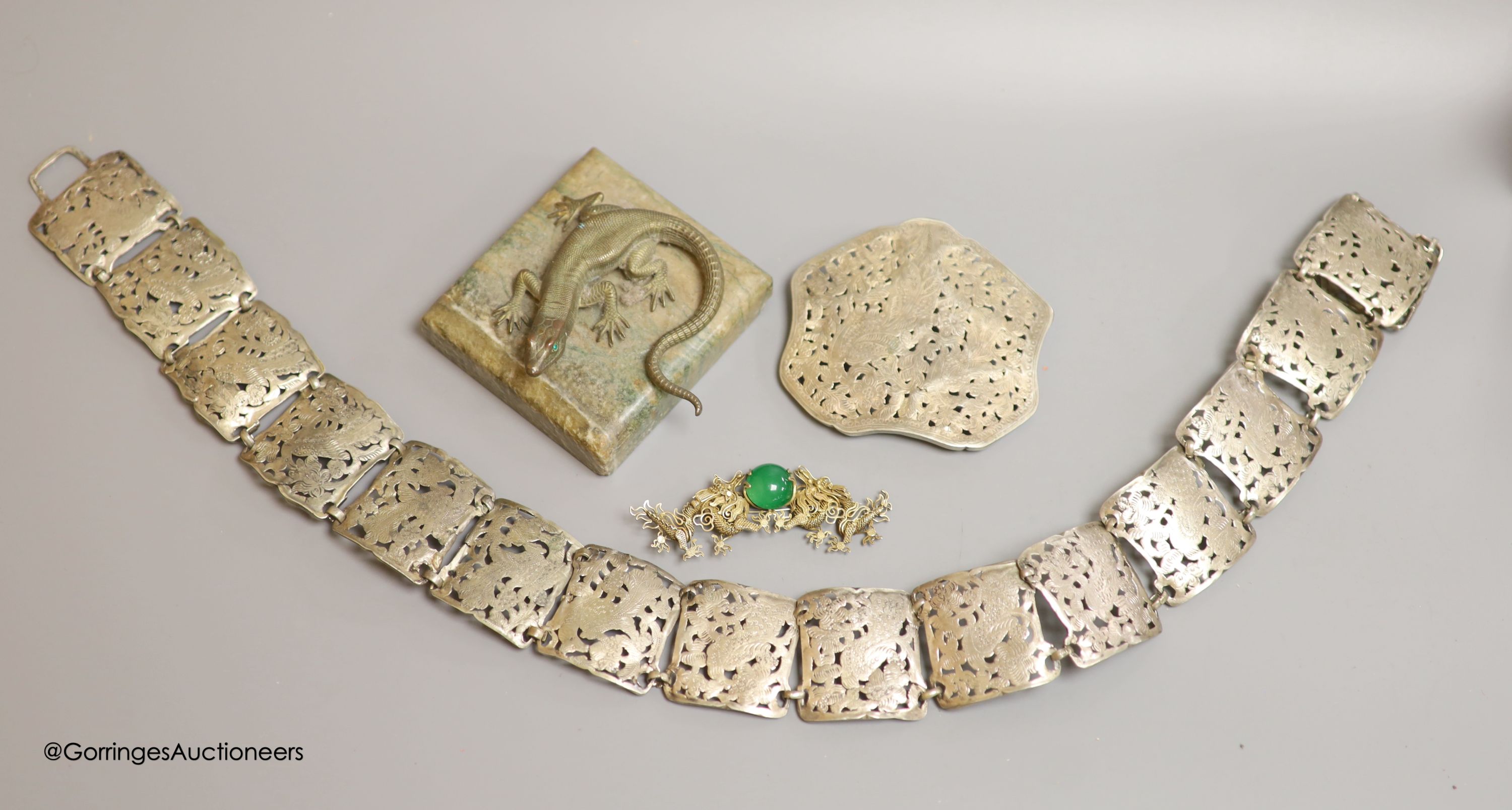 A white metal Chatelaine, together with a Chinese brooch etc.